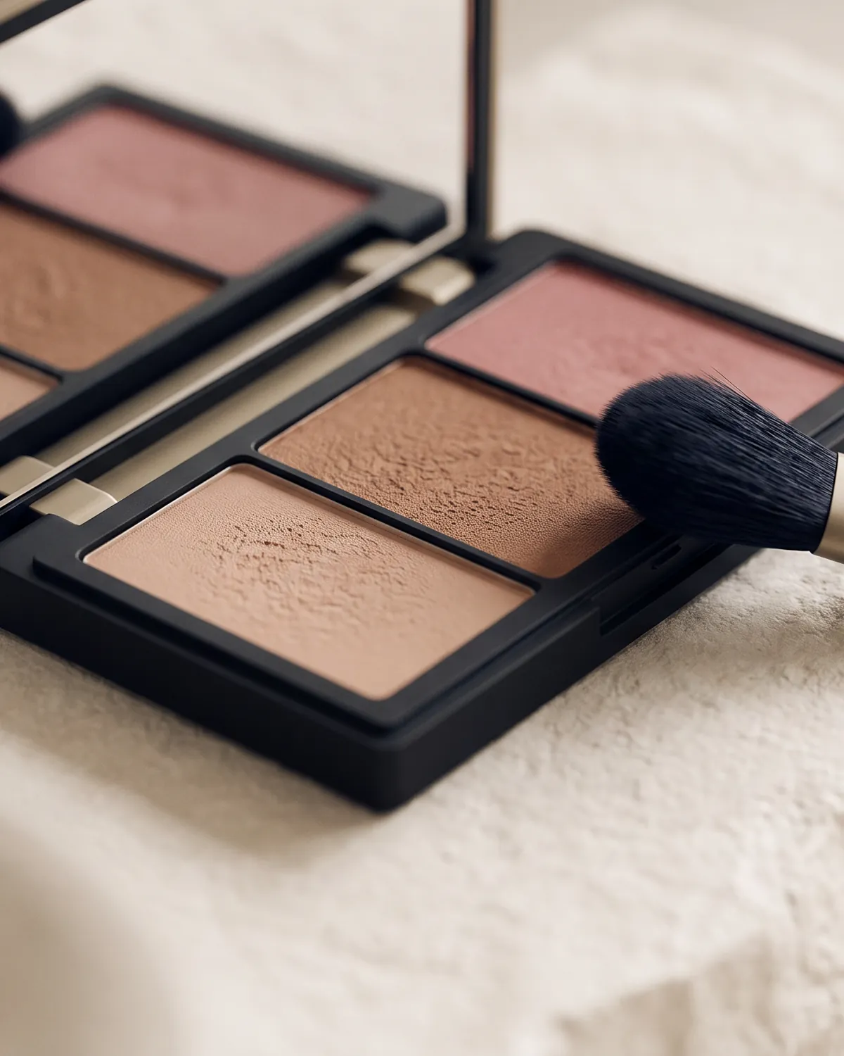 Geöffnete Make-up-Palette mit Nude- und Bronzetönen